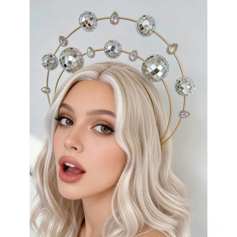 Mirror Glitter Ball & Halo Headband – Silver Disco Crown with Diamond Jewels, Bridal Headpiece. Maternity Photography Accessorie