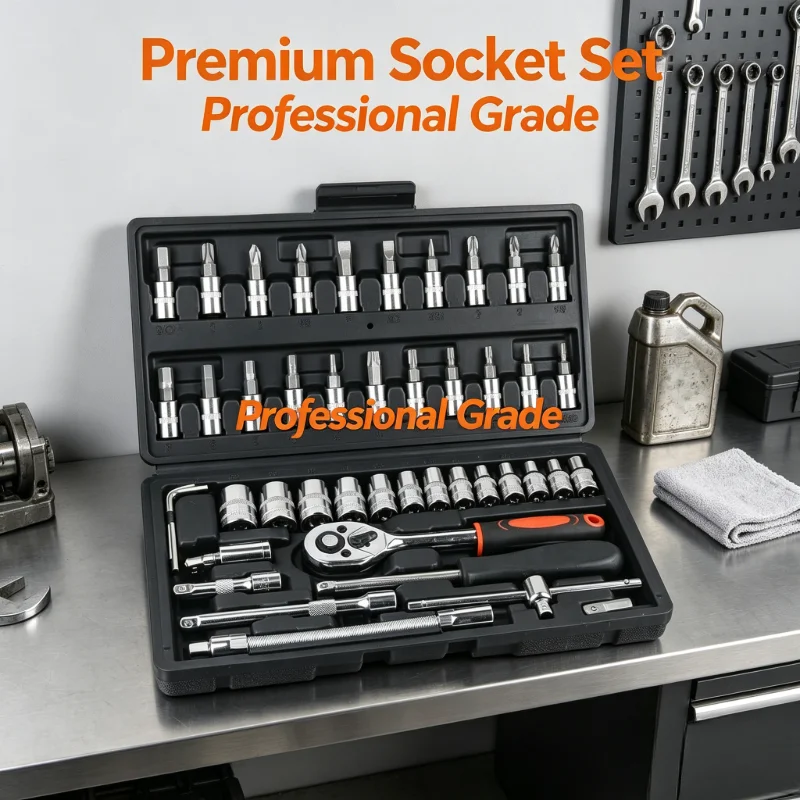 Kit de Ferramentas com 46 Peças, Conjunto de Chaves de Soquete de 1/4 de Polegada, Conjunto de Chaves de Catraca Pretas, Combo Portátil para Reparos Automotivos e Uso Doméstico
