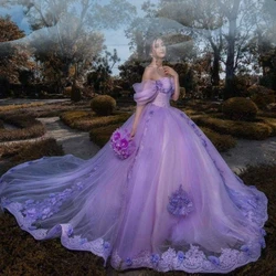 New Style Luxury Appliques 3D Flowers Ball Gown Purple Quinceanera Dresses Sweet Party Vestidos 15 Anos Vintage with long Train