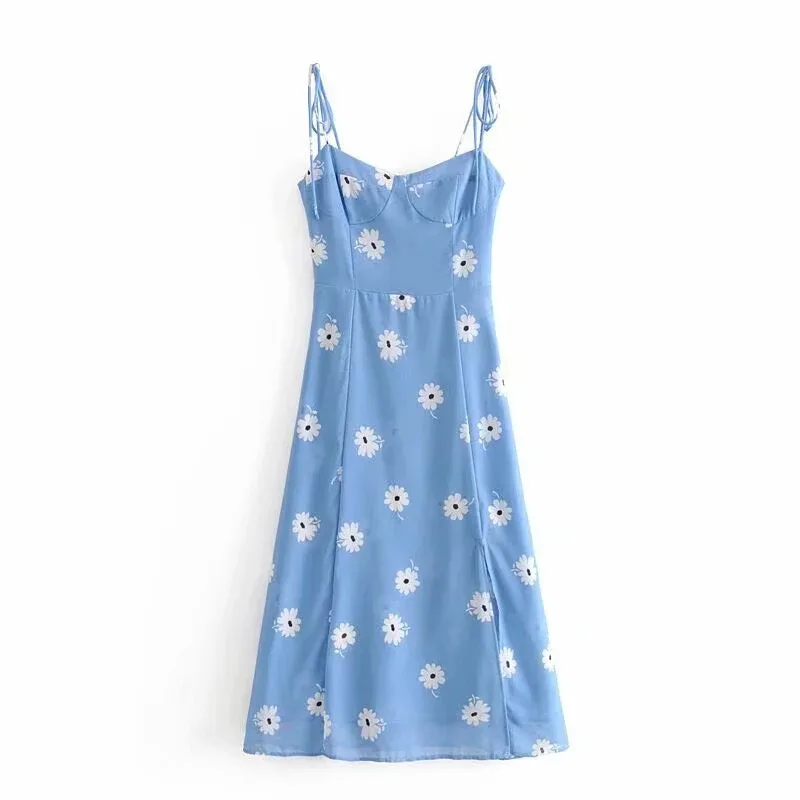 Sexy Women Corset Style Hem Slit Midi Robe Vestido Retro French Women Blue Daisy Flower Print Bow Lacing Up Sling Dress Retro