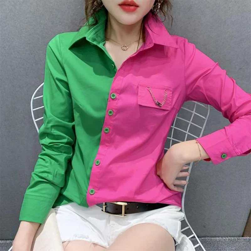 Spring Polo-neck Contrast Color Slim Shirt Female Long Sleeve Patchwork Casual Fashion Buttons Blouse Women Cardigan Top X750