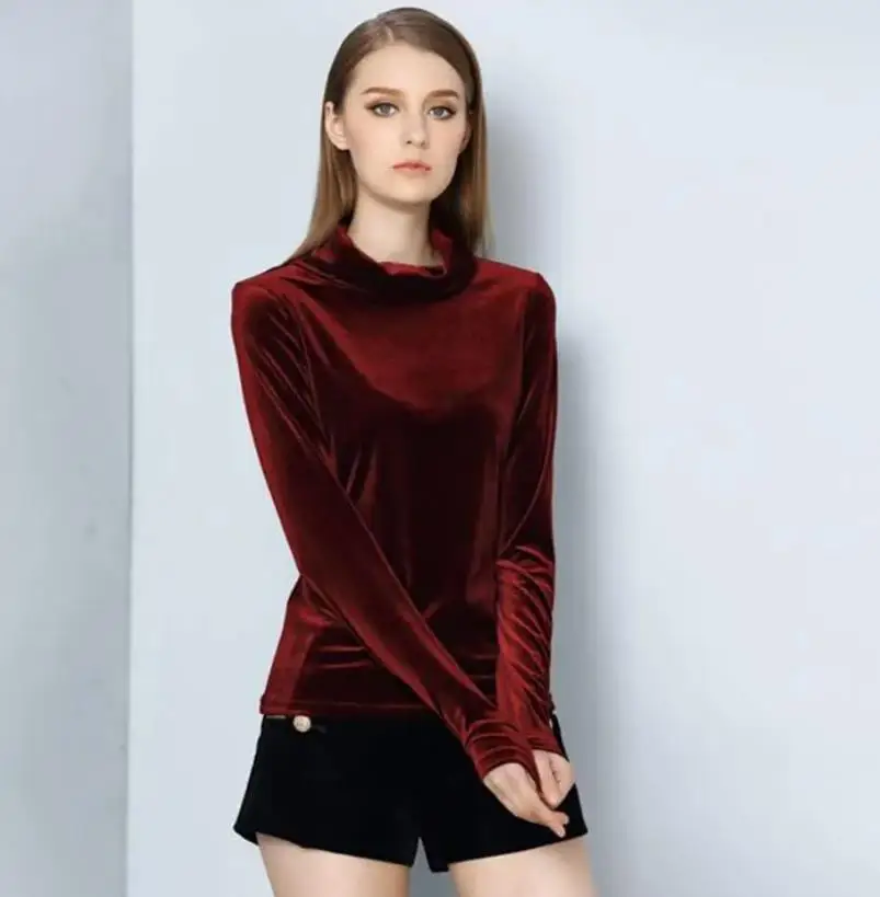 Blusa Feminina de Veludo Gola Alta Outono Inverno Primavera, Camisa de Veludo, Coleção de Inverno 2026, Camisas Plus Size
