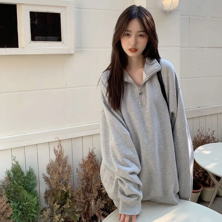 Street Lazy Lapel Neck Gray Sweatshirts 2024 Autumn New Mid-length Tops Women Y2k E-Girl Long Sleeve Loose Sweatshirt Coats