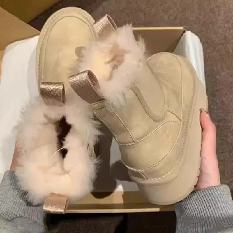 

Thick soled inner height increasing fur snow boots for women in winter 2025, with plush thick cotton shoes and short boots for
