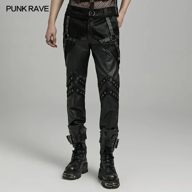 PUNK RAVE Men\'s Punk Style Handsome Twill Woven Fabric & Mesh Pants Personalized Small Leg Trousers Streetwear Men Clothing