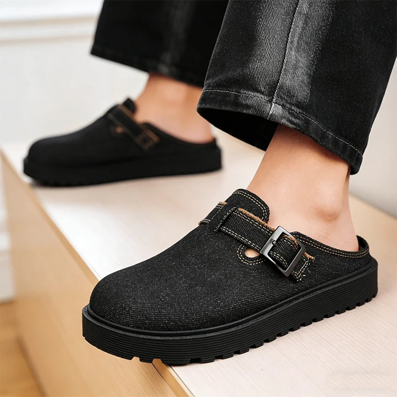 Denim Mules for Men Closed Toe Slip On Shoes 2026 Wide Toe Open Back Casual Loafers Slippers Flat Sneakers Non-Slip Lazy Drivers