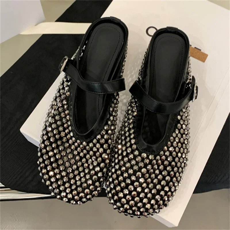 

Eilyken Fashion CRYSTAL Mesh Hollow Out Buckle Strap Mules Women Slippers Elegant Round Toe Low Flat Heels Party Dress Shoes