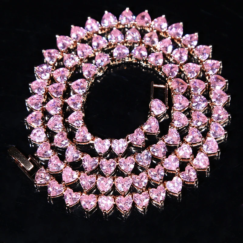Collar de Cadena Estilo Tenis con Corazones de Circonita Cúbica 5A+ Estilo Hip Hop, Joyería para Hombres y Mujeres, Unisex, Estilo Rapero, Color Oro Rosa y Plata