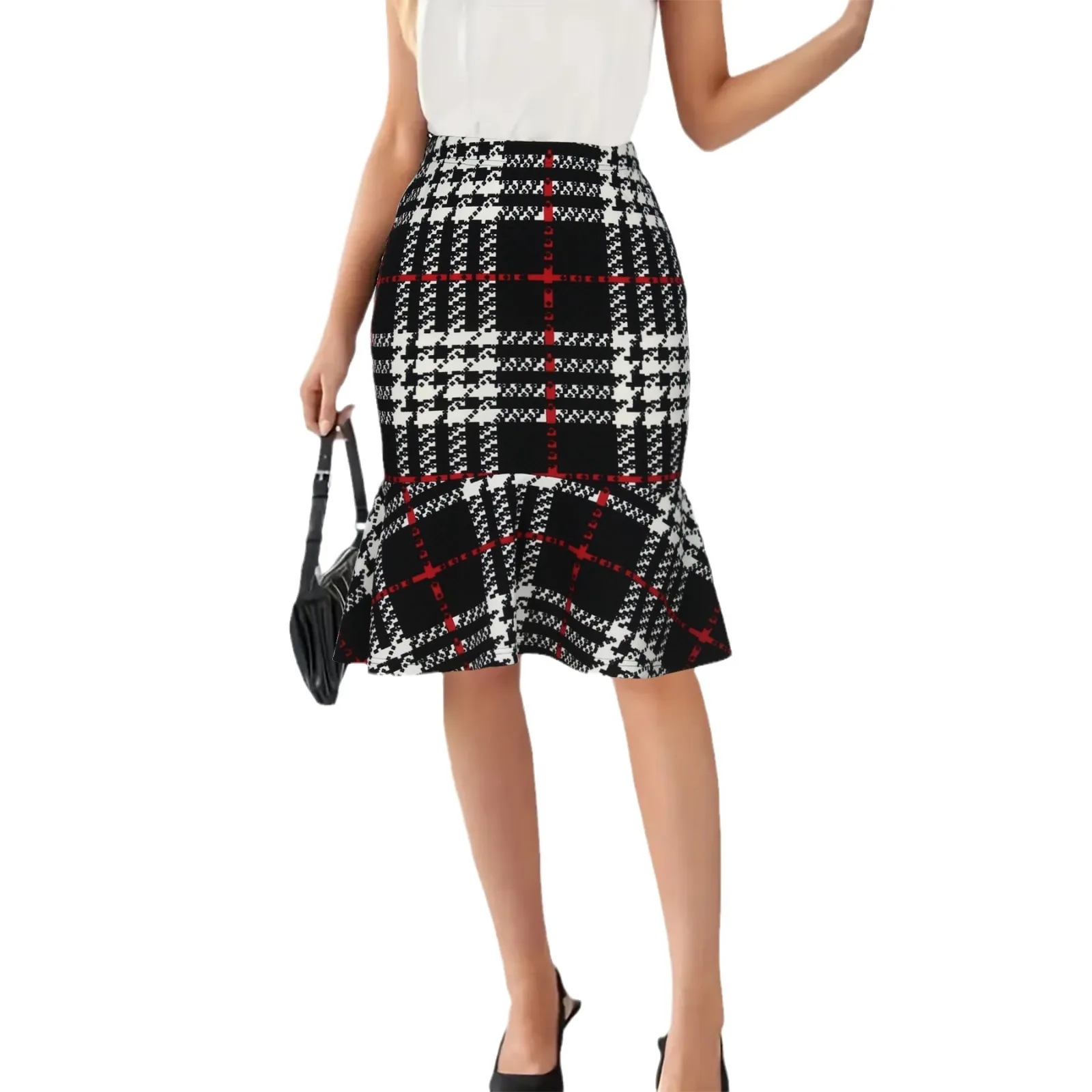 Business-style checkered tassel knitted high-waisted hip-wrapping fishtail midi skirt