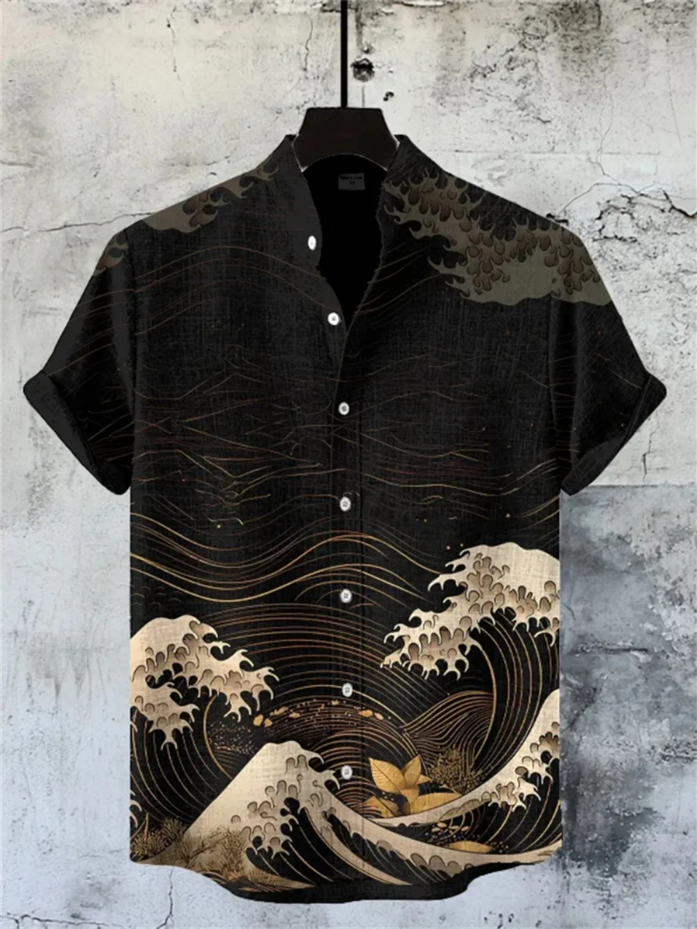 Men's Classic Retro Abstract Print Short Sleeve Linen Shirt Stand up Collar High-Quality Casual Top