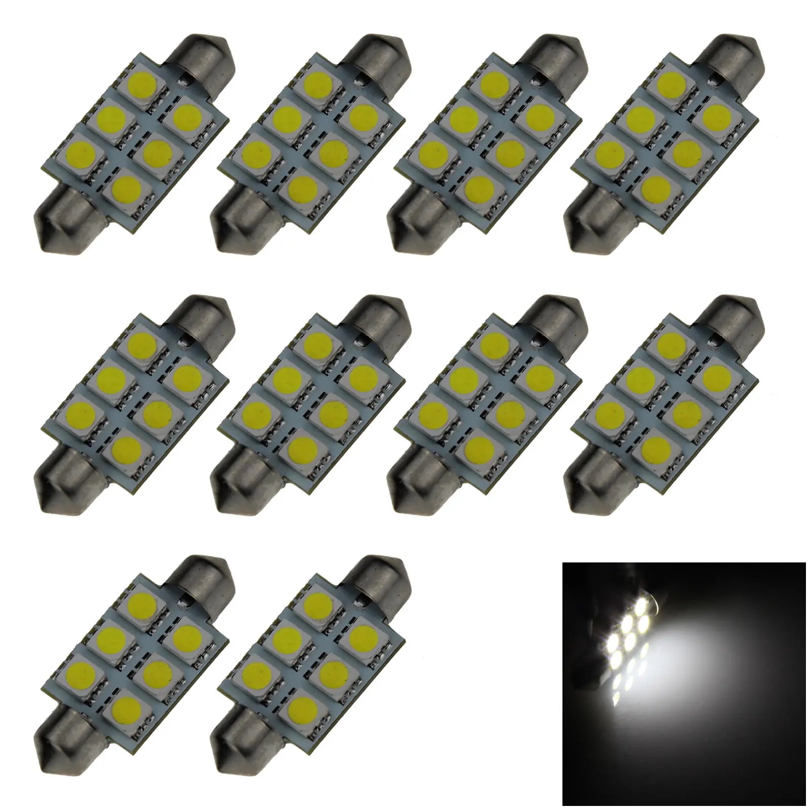 10x White Car 39MM Festoon Light Internal Blub 6 Emitters 5050 SMD LED 3423 I202-W