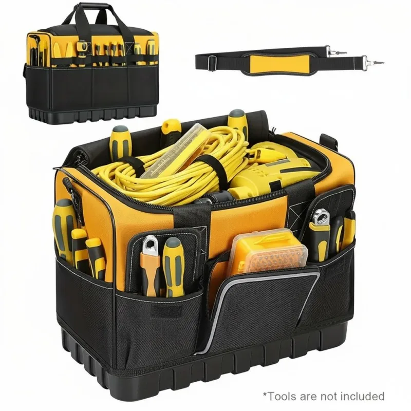 Hard-Bottom Tool Organizer Bag with High-Density Polyethylene Molded Base, 45L Capacity and 50cm Wide Opening for Easy Access.Includes 5cm Padded Adjustable Shoulder Strap.Internal Dividers with 8 Pockets Secure Drills, Hammers, Saws, and Wrenches.Rein