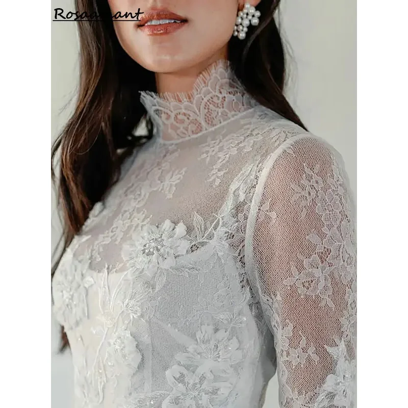 Vintage alta pescoço manga longa sereia vestidos de casamento ilusão apliques rendas boho vestidos de noiva