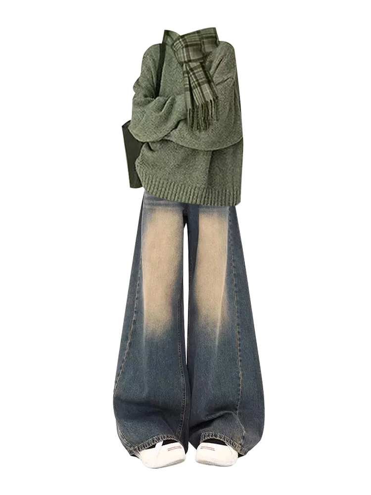 Winter Loose Women's Sweater High Waist Wide Leg Jeans Two Piece Set Vintage Sle Casual Faion Outfit College Trend een