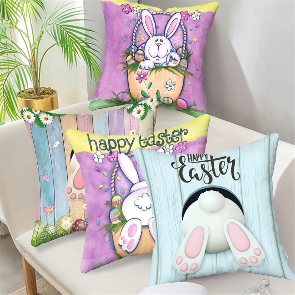 45X45cm Happy Easter Throw Pillow Covers Spring Pillowcases Cartoon Bunny Egg Flower Decorative Cushion Covers