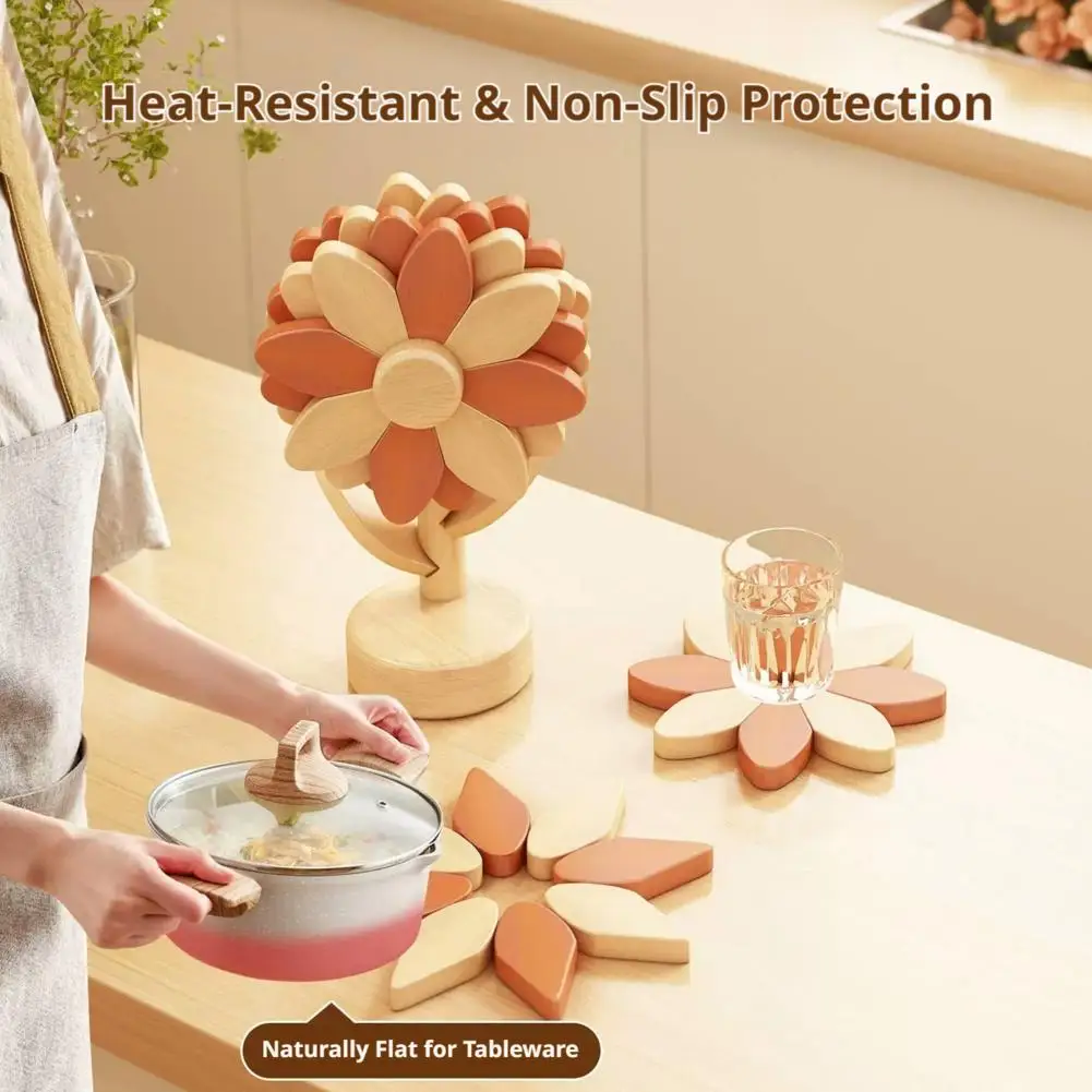 Heat Insulation Placemat Set Creative Wooden Sunflower Coasters with Storage Holder Stand Non-Slip Table Protection