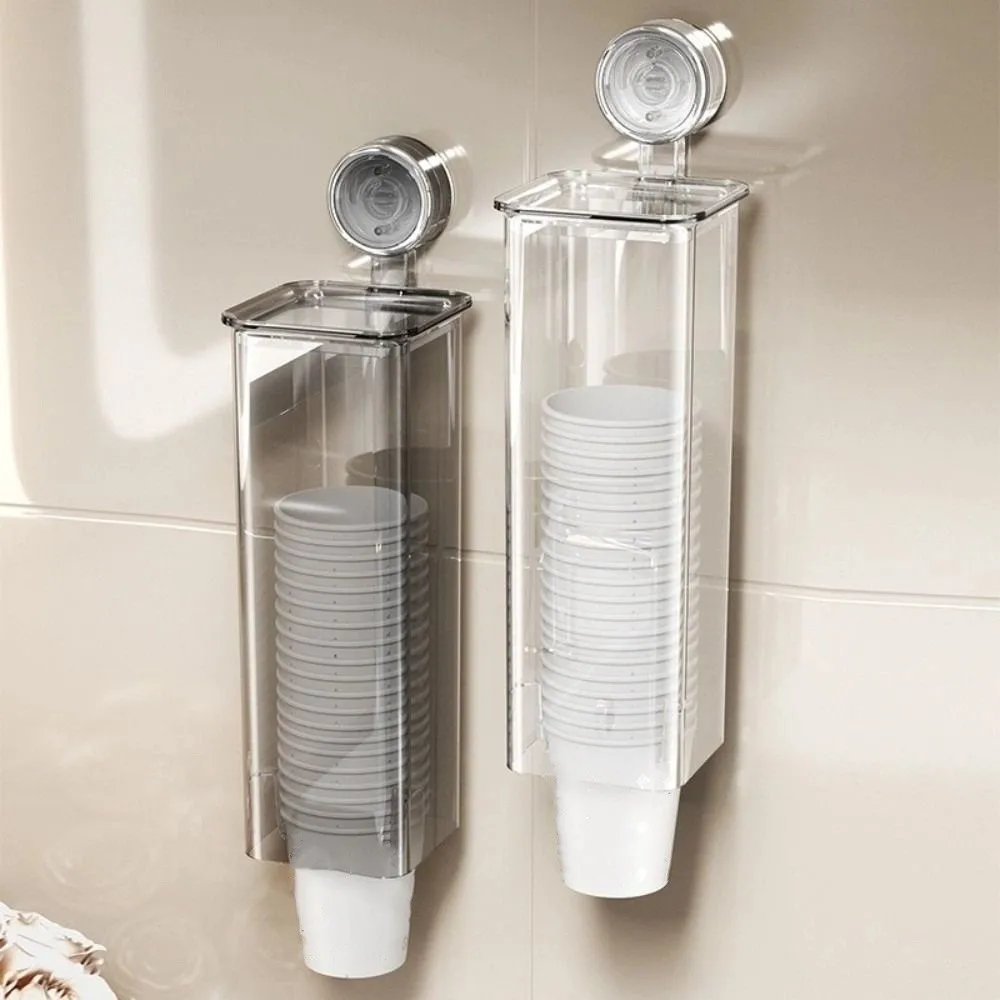 

Диспенсер для одноразовых стаканчиков на присоске, прозрачный дизайн, пылезащитная полка для хранения бумажных стаканчиков, настенный сборщик стаканчиков без перфорации для дома