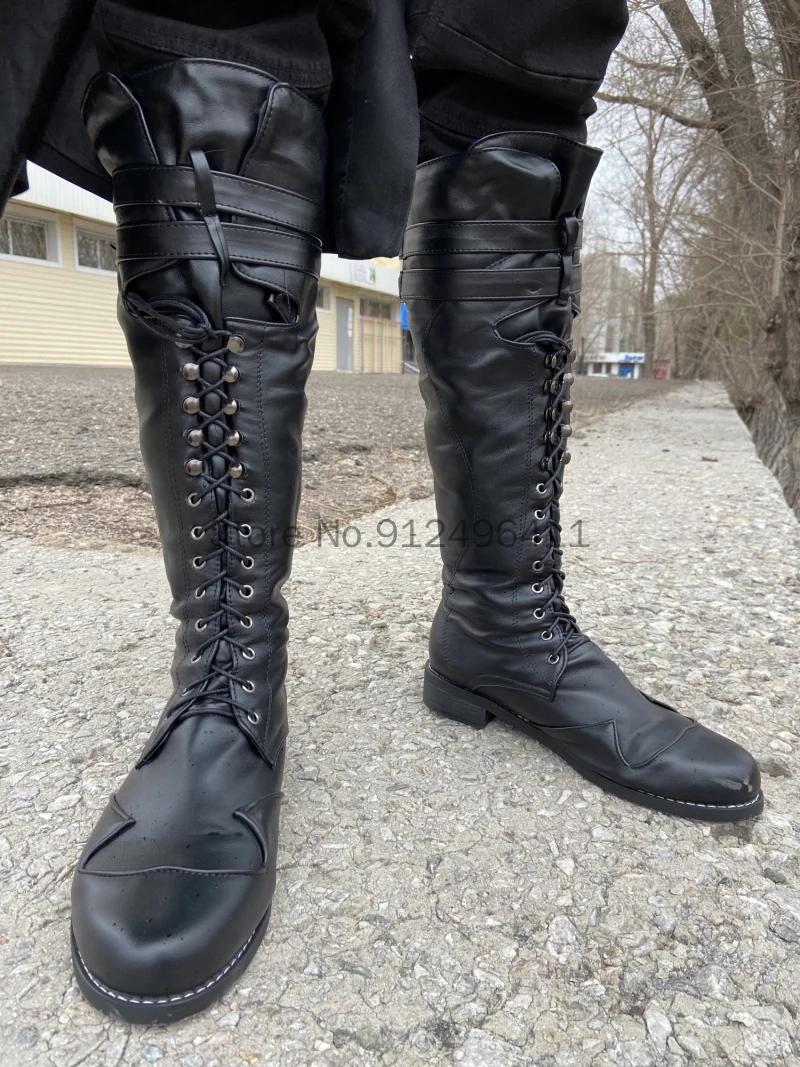 Średniowieczne Steampunk Cosplay długie czarne buty męskie zimowe Larp pirat PU skórzane buty karnawałowe Halloween buty rycerskie