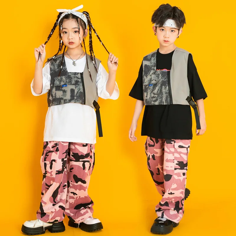 Disfraces de baile de Hip Hop para niños, camiseta de manga corta, chaleco fresco, Tops, ropa de calle, pantalones Cargo rosas, ropa de escenario de rendimiento para niñas y niños