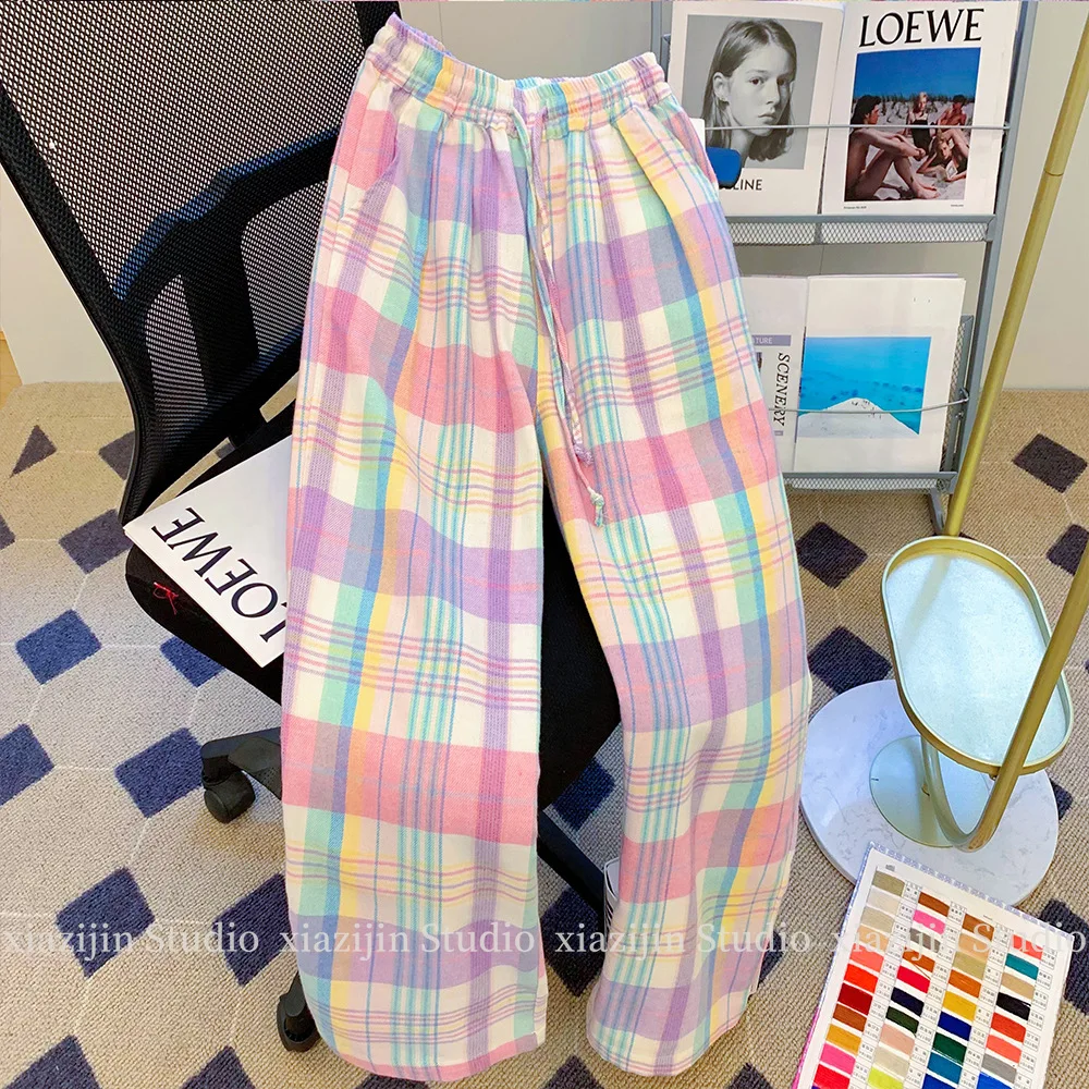 Color plaid wide-leg pants women's summer high waist retro Joker design loose p… - Image 2