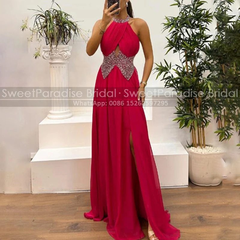 Sequins Heavily Beaded Evening Dress For Women Side Split Long Sleeveless Halter Neck Cut-Out Waist Formal Party Dress