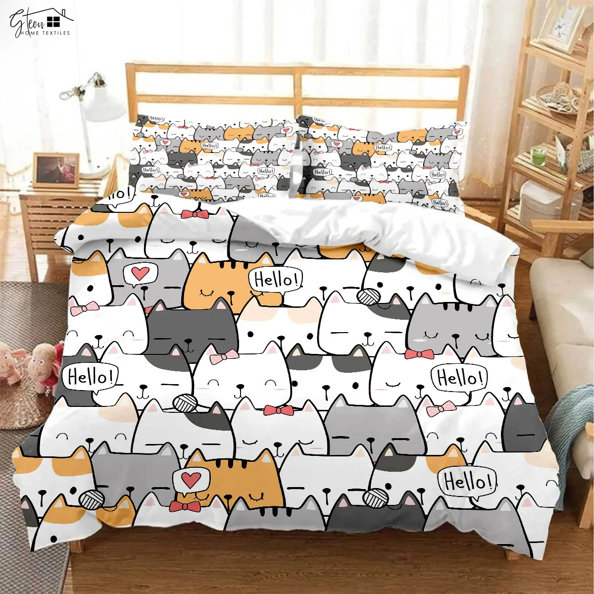 

Cute Cartoon Cat Printed Quilt Cover Bedding Set 100% Polyester Duvet Cover Pillowcase Three-Piece Set