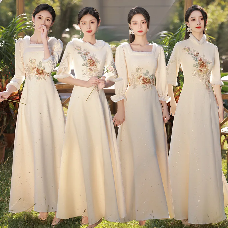 

Chinese Sle Maidsmaid orms Champagne Color Long Sve Thi Satin Evening Gowns for Women Autumn New Faion Wedding D...