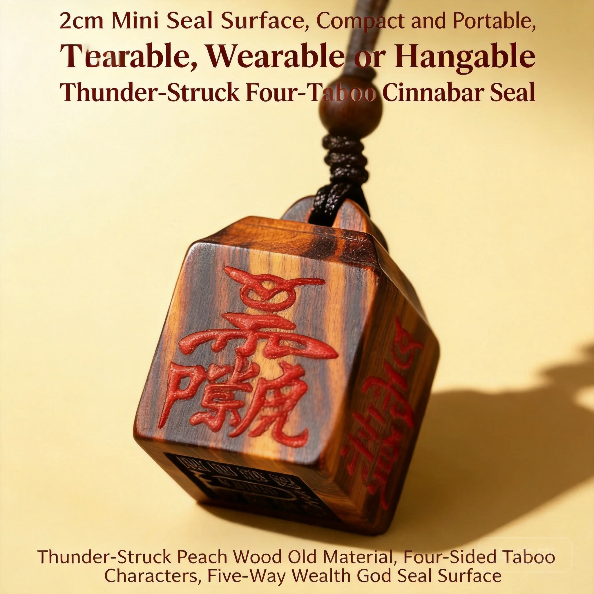 Snqp Traditional Chinese Thunder Struck Peach Wood Four Sided Taoist Seal Pendant 2cm Five Wealth Gods Blessing Good Luck Fortun