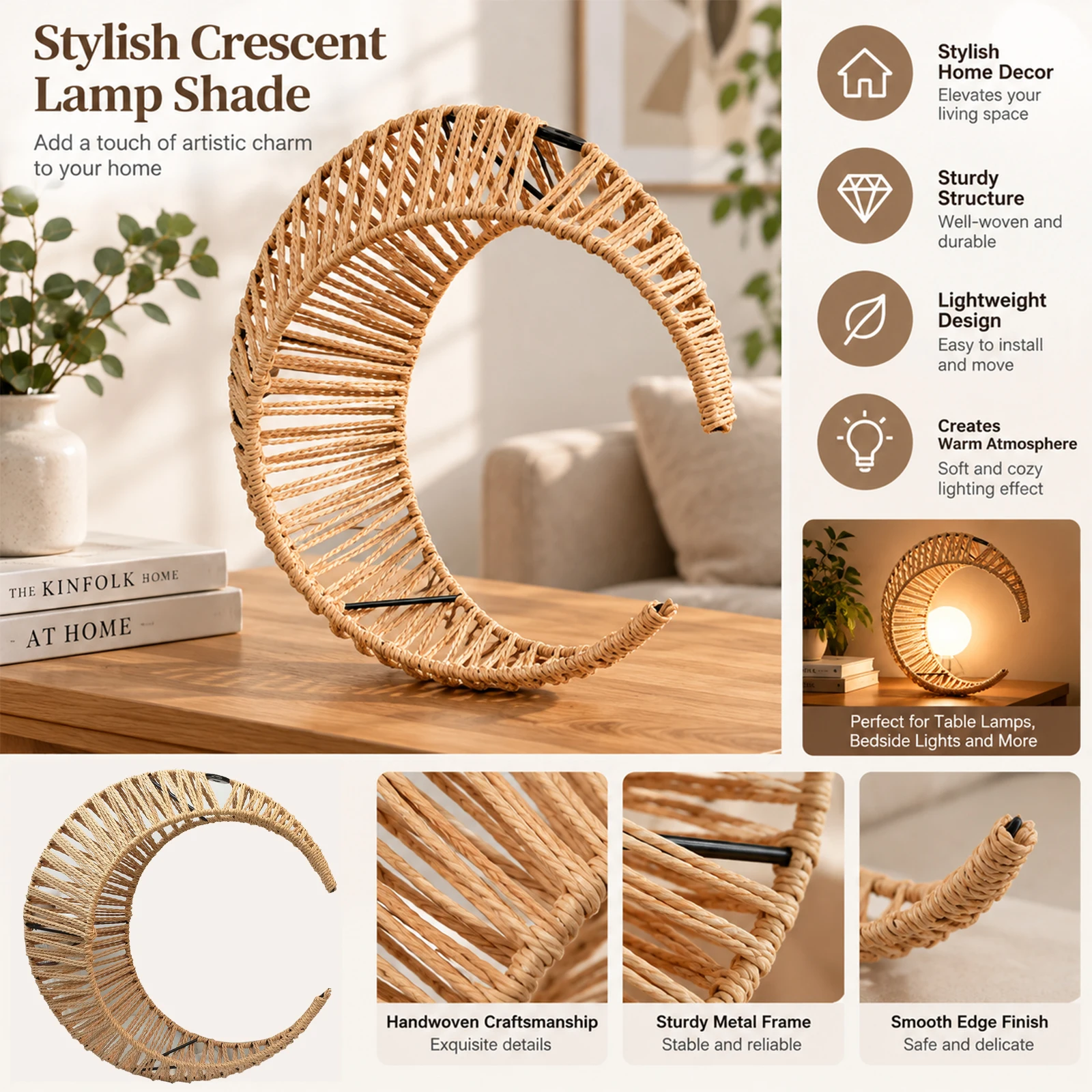 Boho Moon Pendant Light, Hand‑Woven Rattan Wicker Lampshade, Rustic Hanging Ceiling Lamp for Bedroom Living Room, E27