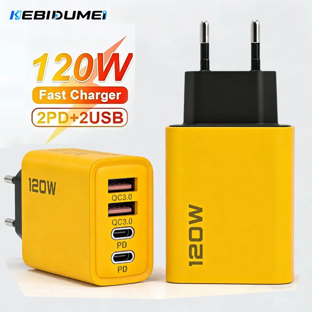 KEBIDUMEI 120W USB C Charger 4 Port Fast Charging Dual PD  QC Adapter EU Plug for Phone Multi-Device Wall Charger
