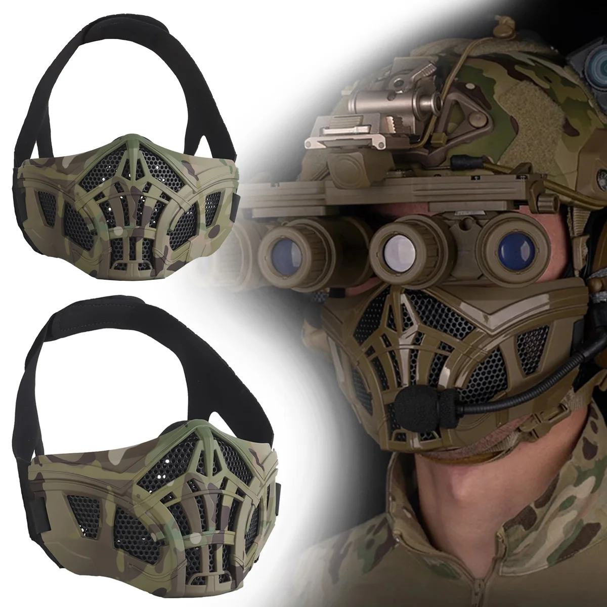 Masker setengah wajah Airsoft keren, masker jala pelindung wajah gel silika taktis untuk properti Film Halloween Cosplay Paintball berburu CS