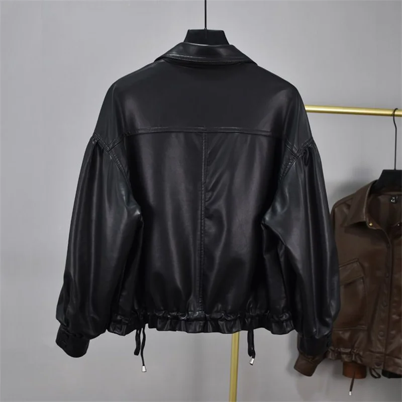 PU Small Leather Jacket Women 2025 New Coat Europe Spring Autumn Short Fashion Outerwear Motorcycle Drawstring Overcoat Female