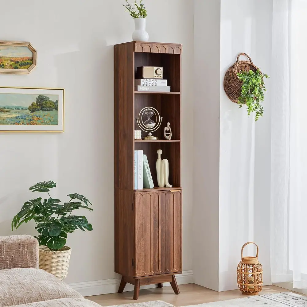 

71 Tall Narrow Bookshelf with Door, Modern Storage Cabinet, Adjustable Shelves, Living Room/Bathroom/Office Organizer, Walnut