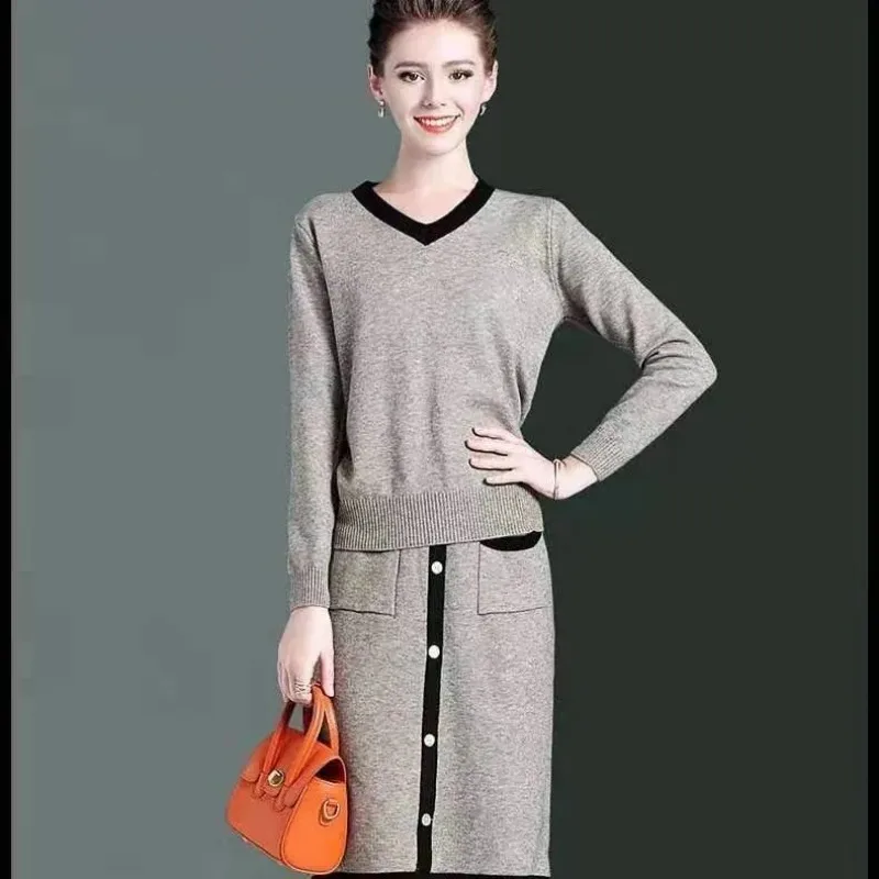 

Костюм из двух предметов, комплект с юбкой, весенне-осенний новый модный длинный тонкий вязаный костюм, женское платье