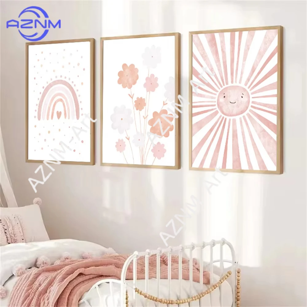 1/3pcs Pink Cartoon Sun Rainbow Canvas Painting Posters Flower Wall Art Nursery Print Pictures Nordic Poster Girls Room Decor