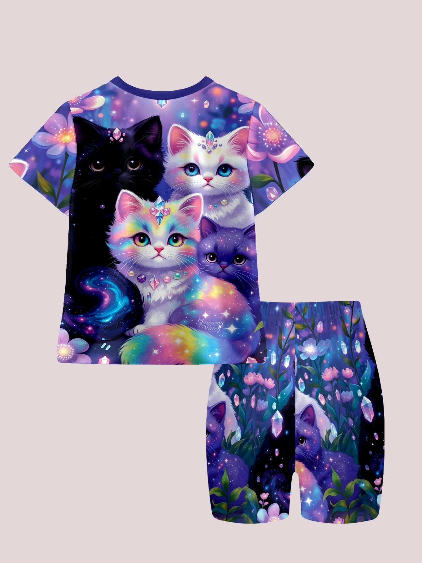 Dreamy Starry Night Cat Print Casual Set for Women - Ideal for Home Exercises or as an Outerwear. Suitable for Birthday Gifts.