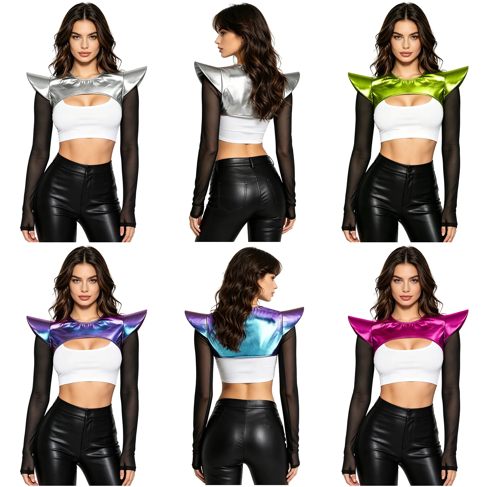 

Women Metallic Shiny Gothic Punk Shoulder Armor Crop Top Shrugs Bustier Corset for Halloween Rave Nightclub Dancing Party
