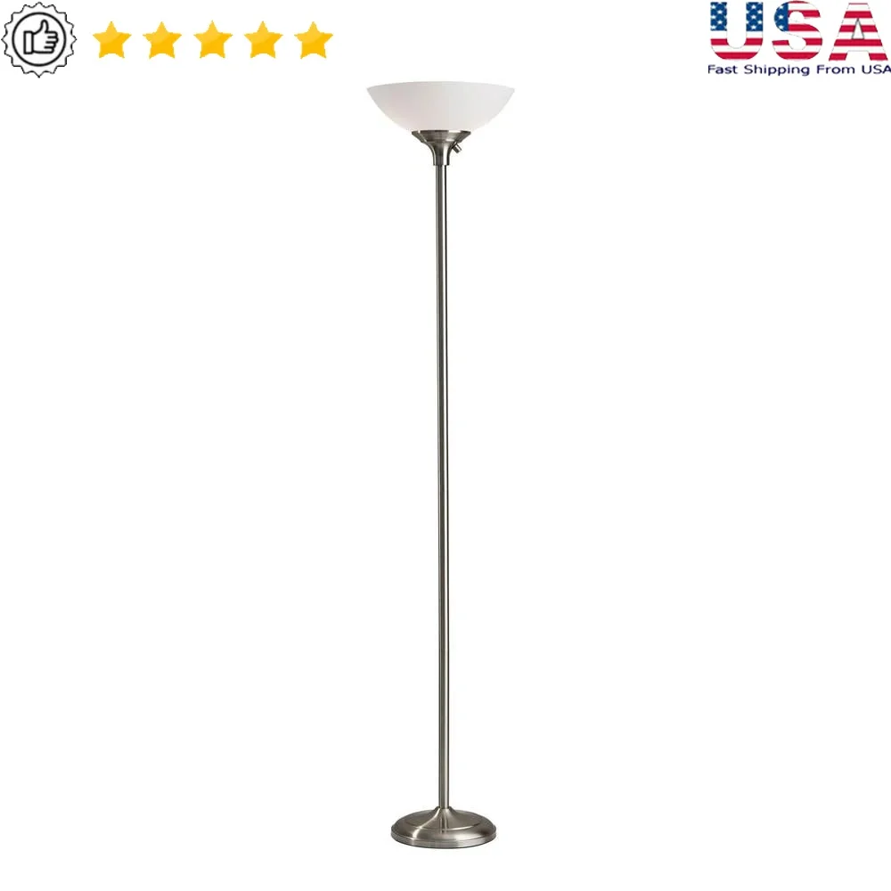 

300W Torchiere Floor Lamp Brushed Steel Finish Frosted Plastic Shade Dimmable Energy Efficient Indoor Lighting Adjustable