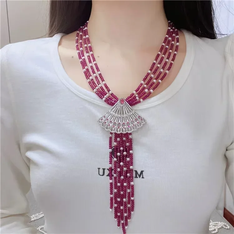 

4 Rows Natural Red Crystal and Pearl Necklace Pendant 20'' Muti Strands Necklace Handmade Women Gifts