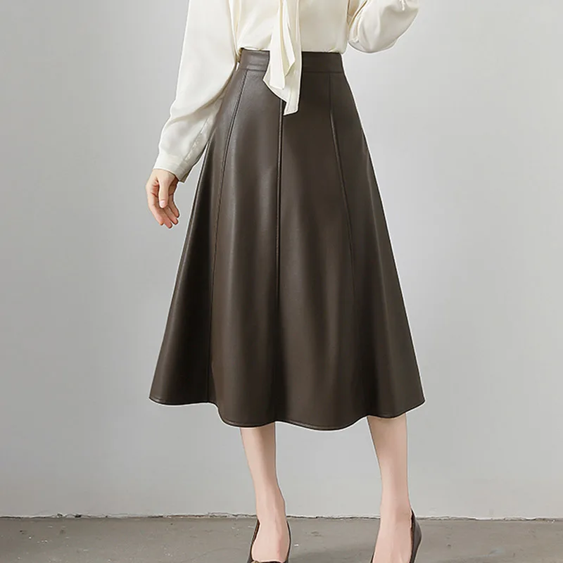 Jupes trapèze classiques en Faux cuir PU pour femmes, café noir, nouvelle collection printemps-automne 2026, taille haute, couleur unie, Chic, parapluie, jupes de bureau