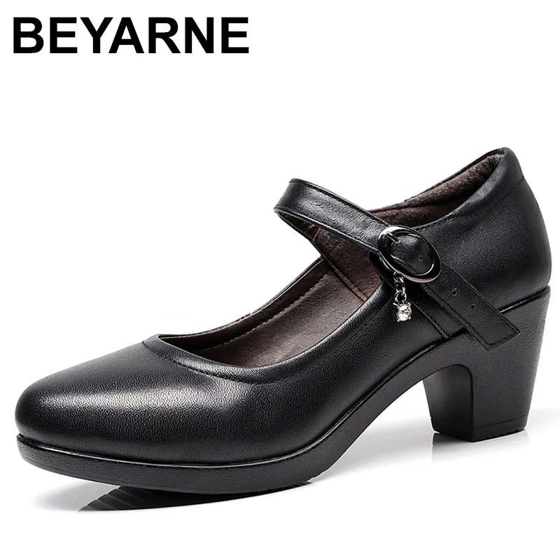 

6cm Small Size 32-44 Breathable Comfortable Shallow Soft Leather Platform Shoes Fall Med Block Heels Shoes Mom