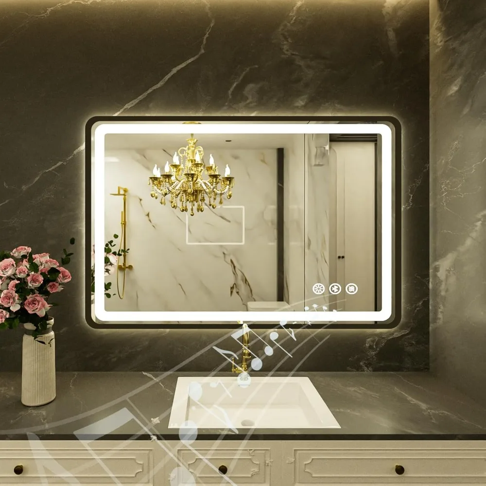 

24"x36" Black Framed LED Bathroom Mirror, Lighted Wall Mounted Bathroom Mirror with Bluetooth Speaker, 3 Colors Temperature & Di