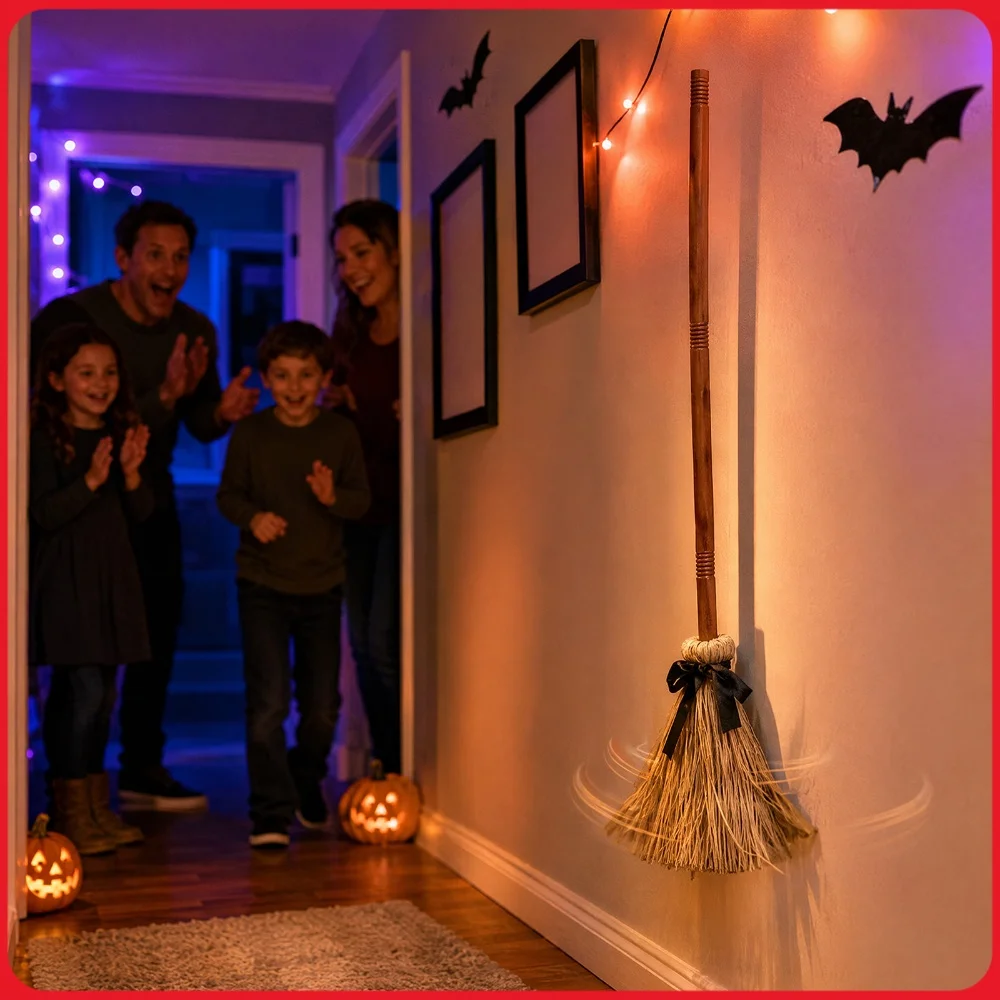 Electric Animated Witch Broom 95CM Halloween Floating Clap Voice Control Haunted House Wall Door Mount Decor