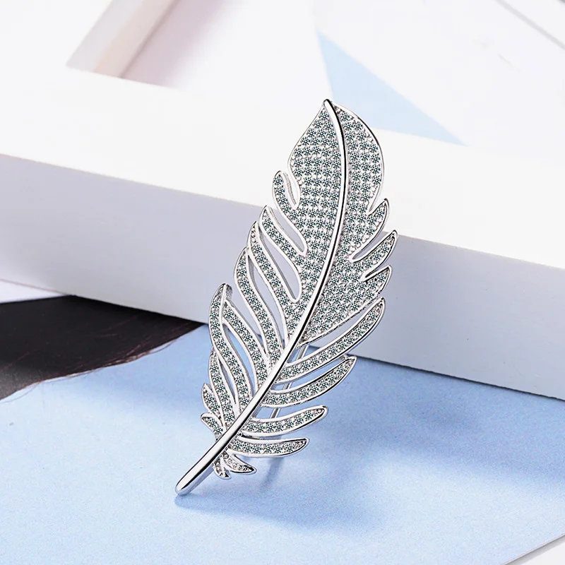 Fashion leaf Feather 925 sterling silver Brooches for Women Corsages with Shining Crystal Brooch Big Scarf Clothes Accessories