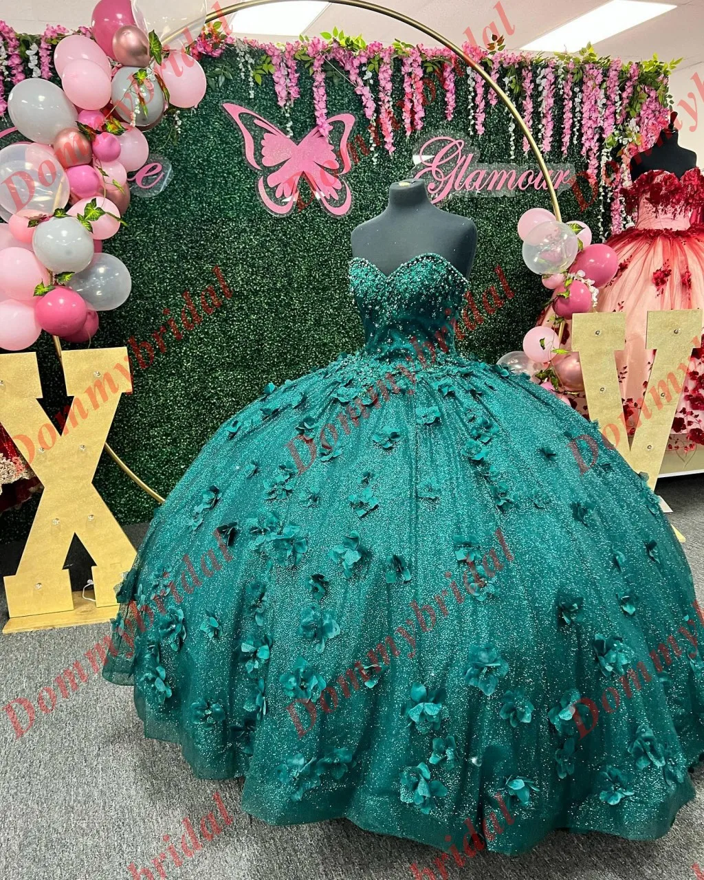 

Popular 2023 Hunter green 3D Floral Flower Pattern Ball Gown Sweetheart Quinceanera Prom Formal Dresses Puffy Corset Pearls Bead