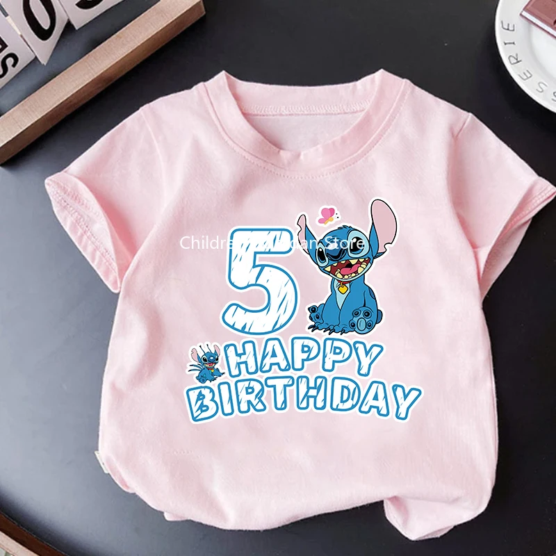 Stitch Disney Boys Girls T Shirt Tops Children Happy Birthday Clothes Kids Short Sleeve Summer Clothes Party Clothing Cute Gifts