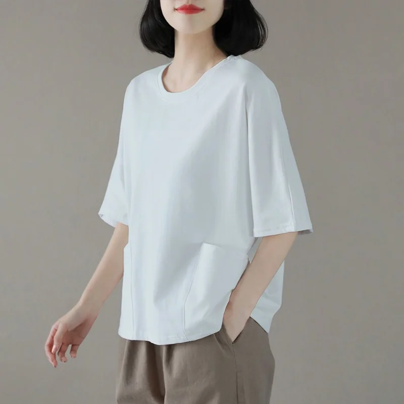 Simplicity Pockets Patchwork Tops Tees Summer New Short Sleeve Solid Color All-match Loose T Shirts Casual Fashion Women Clothes