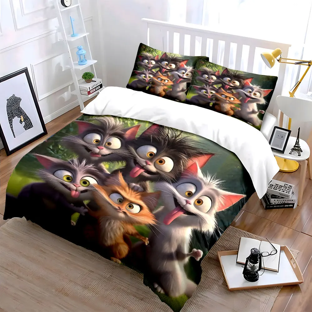 Playful cartoon cats group photo Printed Duvet Cover Set1 Duvet Cover+2 PillowcaseMulti Size Bedroom Bedding Decor