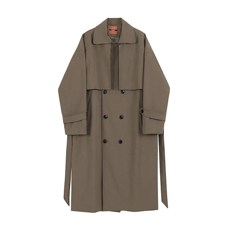 New Arrival Solid Color Korean Style Trench Coat for Men with Double-breasted Buttons and Loose Fit, Fashionable Autumn Overcoat