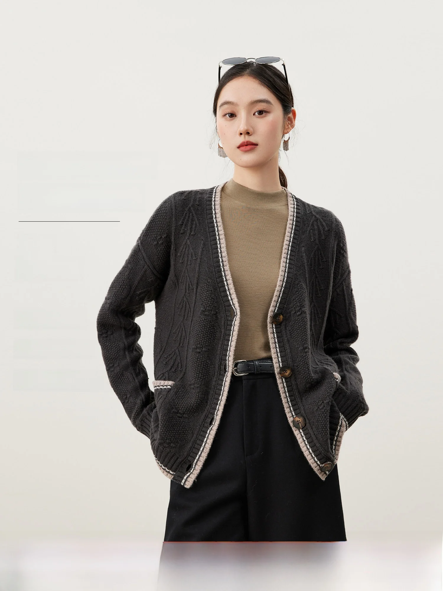 

00% Wool V-Ne Texture Knitted Open Cardigan Women's Versatile Lazy Top Long Sve Button up Ele Sle Autumn Wear